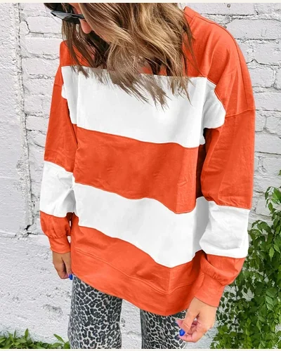 Oversized Sweatshirt Crewneck Striped Colorblock Shirts Long Sleeve, view 2