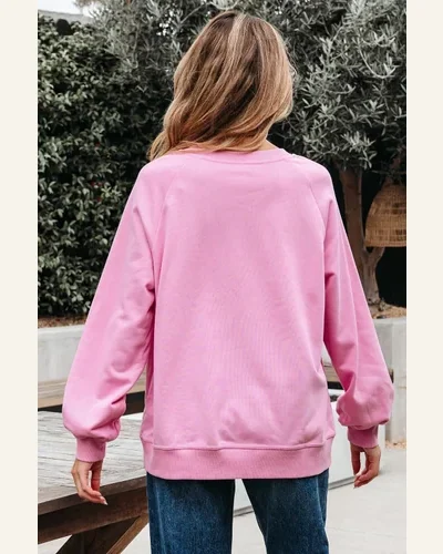 Casual Bright Pink Loose Fit Sweatshirts Lace Patched, view 2