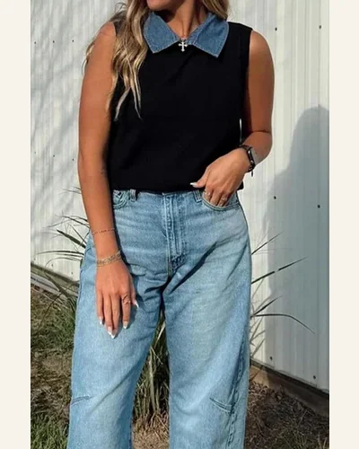 Knit Contrast Denim Patchwork Collar Sweater Vest, view 3