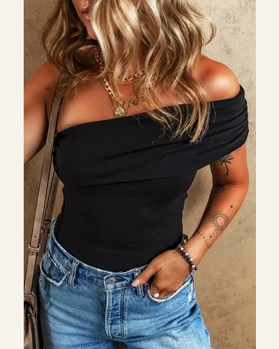 Bodysuit Basic Black Solid Color Pleated One Shoulder, view 4
