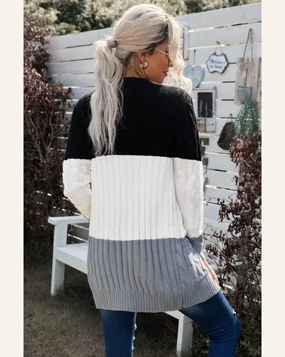 Cardigan Sweater Casual Black Colorblock Button Pocket Knit, view 2