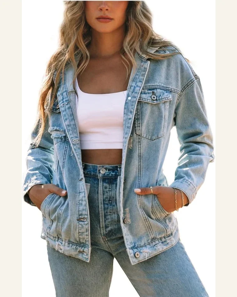 Denim Jean Jacket Casual Sky Blue Button Closure by SELINK