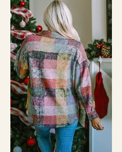 Shacket Jacket Casual Multicolor Brushed Plaid Pocketed Oversize, view 2