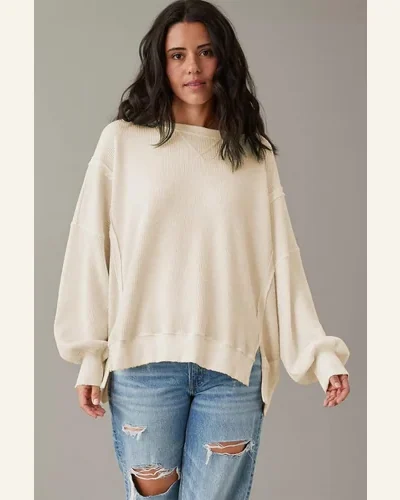 Tunic Tops Casual White Waffle knit Bishop Sleeve, view 3