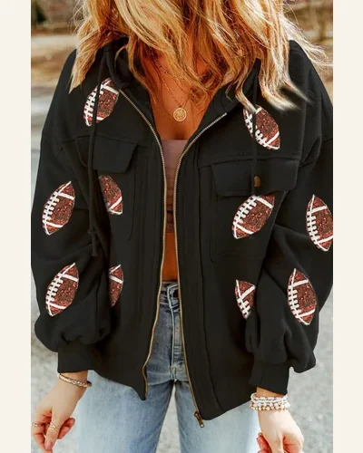 Shacket Jacket Active Black Sequined Rugby Football Pattern, view 3
