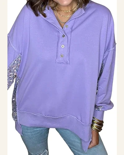 Casual Lilac Sequin Patchwork High Low Hem Henley Top, view 1