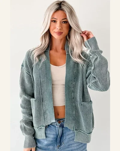 Casual Evergreen Mineral Wash Cardigan Sweater Exposed Seam, view 4
