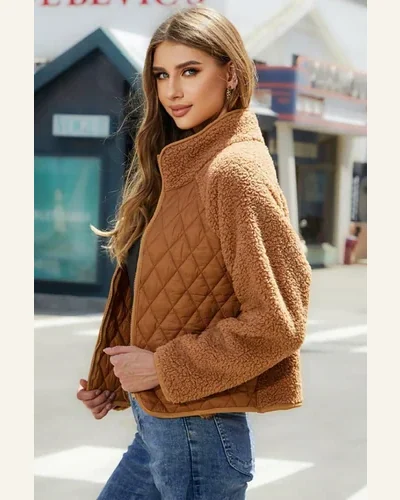 Shacket Jacket Casual Chestnut Sherpa Plush Quilted Puffer, view 3