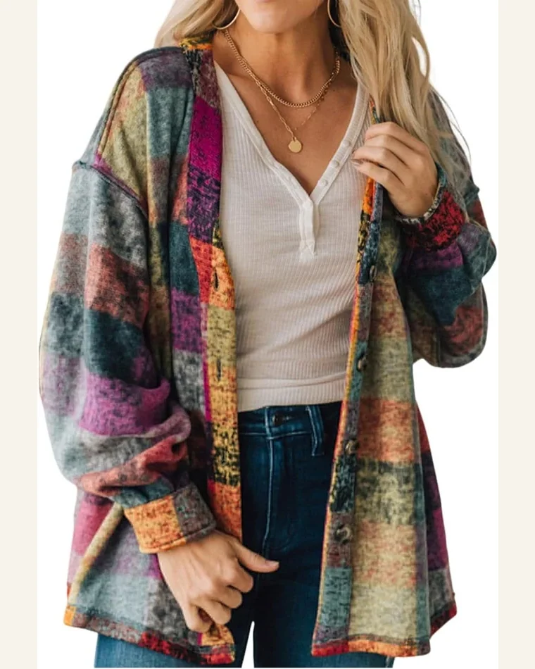 Shacket Jacket Casual Multicolor Brushed Checked Western Buttoned by SELINK