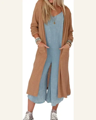 Cardigan Sweater Casual Chestnut Long Waffle Knit Cardigan, view 1