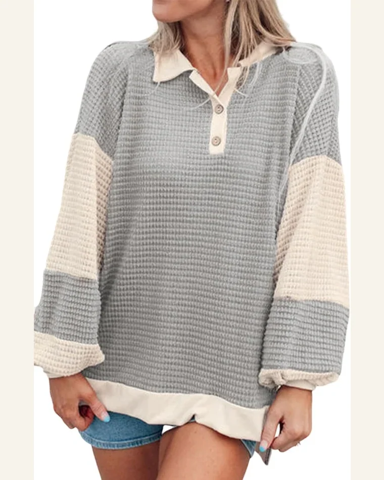 Tunic Tops Casual Khaki Textured Colorblock Collared Henley by SELINK