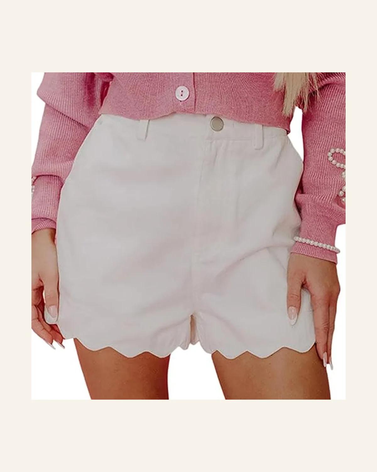 Casual White Scalloped Hemline Acid Wash Denim Shorts by SELINK