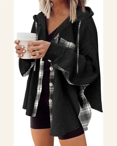 Shacket Jacket Casual Black Waffle Knit Plaid Patchwork, view 1