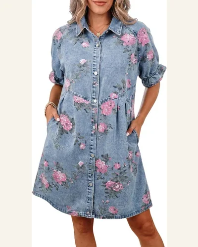 Casual Loose Floral Print Denim Dress Ruffle Short, view 1