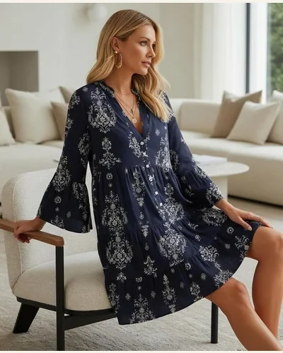 Long Sleeve Dresses Casual V Neck Tribal Mini, view 3
