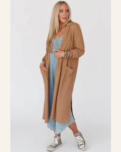 Cardigan Sweater Casual Chestnut Long Waffle Knit Cardigan, view 3