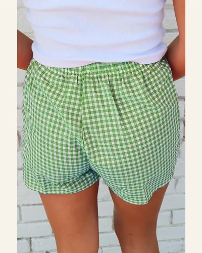 Casual Green Plaid Shorts Gingham High Waist Elastic, view 2