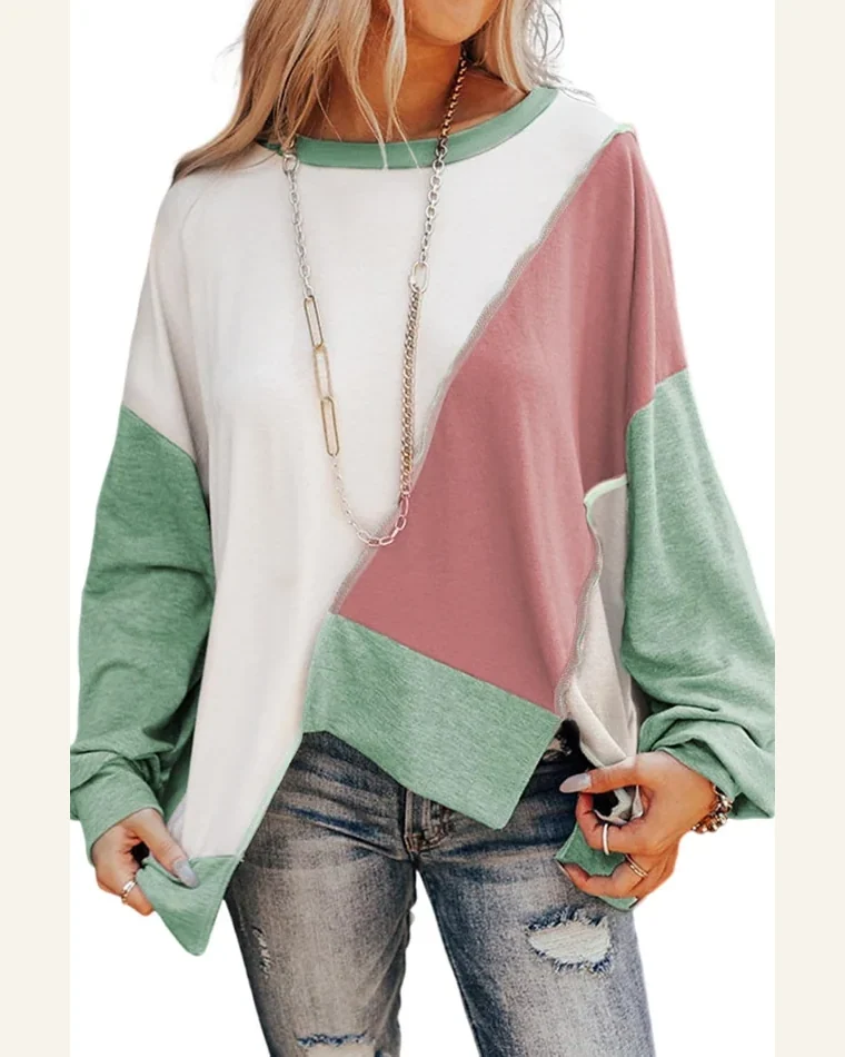 Tunic Tops Casual Colorblock Stitching Irregular Hem Long by SELINK