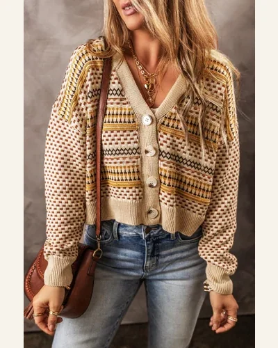 Cardigan Sweater Casual Khaki Buttoned V Neck Cropped, view 4