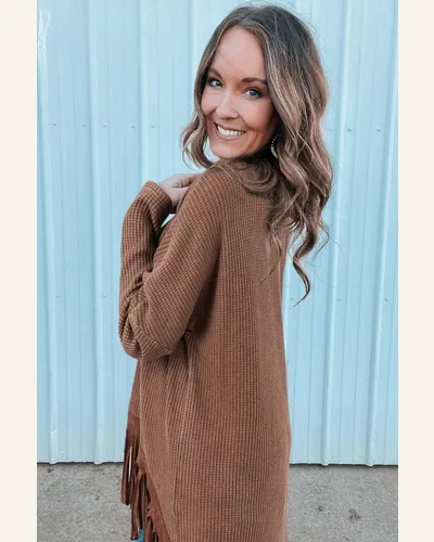 Tunic Tops Western Coffee Waffle Knit Fringed High, view 2