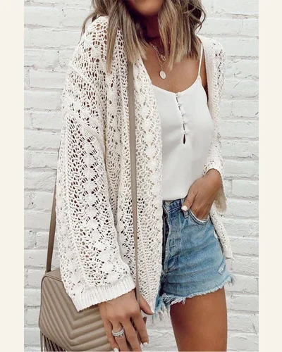 Cardigan Sweater Casual White Hollow Out Knit Drop, view 2
