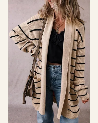 Casual Black Stripe Cardigan Sweater Shawl Neckline Open, view 4