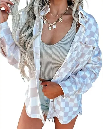 Casual Khaki Checkerboard Flap Pocket Button Front Shacket, view 1