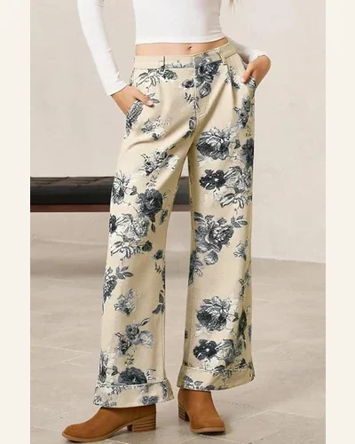 High Waisted Jeans Beige Vintage Floral Turn-up Cuffed, view 4