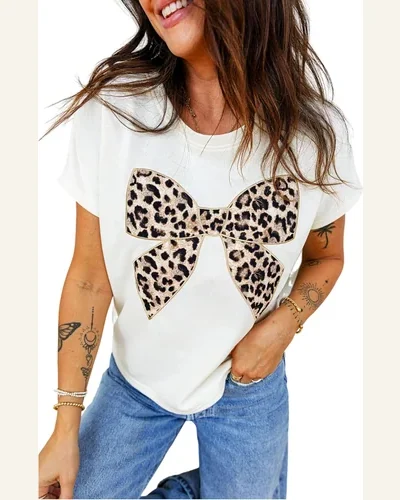 Short Sleeve Tops Summer Leopard Bow Round Neck, view 1