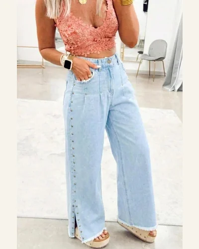 Casual Beau Blue Studded Side Slit Leg Frayed Jeans, view 4
