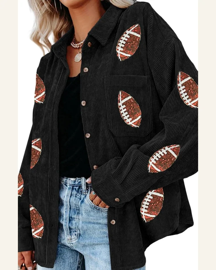 Shacket Jacket Casual Black Sequin Rugby Pattern Buttoned by SELINK
