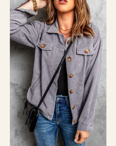 Shacket Jacket Gray Ribbed Corduroy Long Sleeve Jacket, view 3