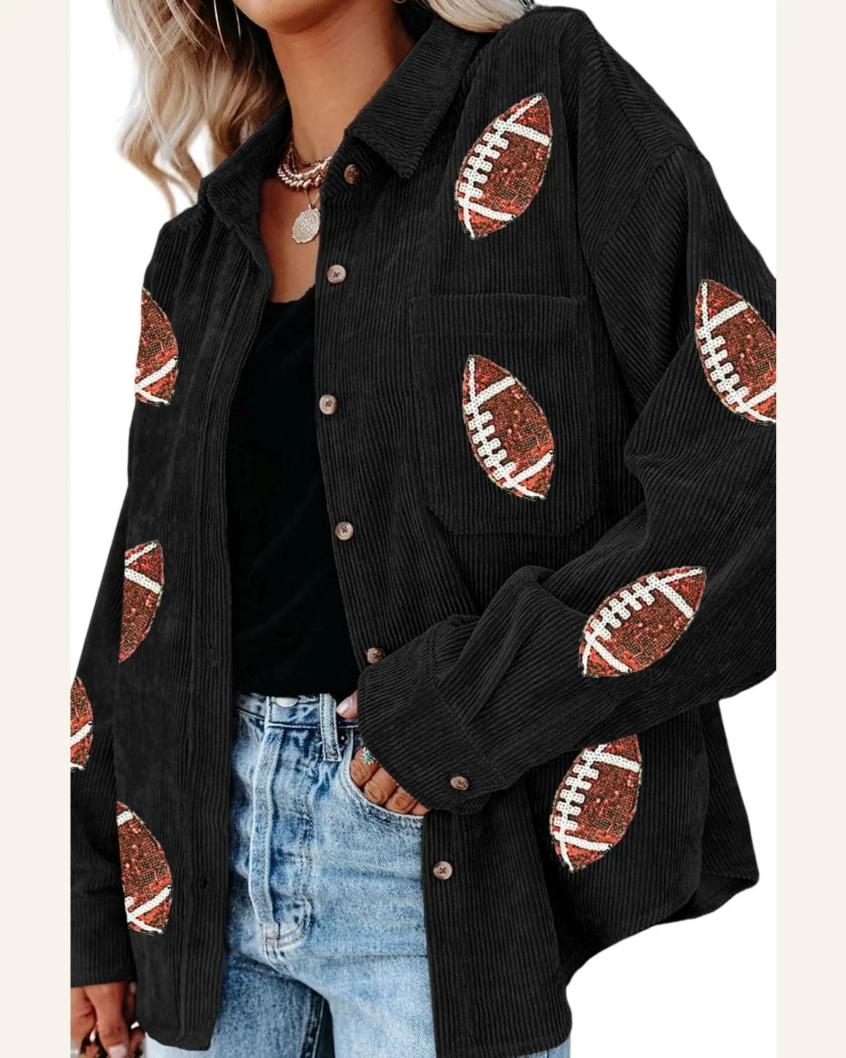Shacket Jacket Casual Black Sequin Rugby Pattern Buttoned by SELINK