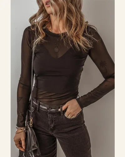 Bodysuit Black Mesh Long Sleeve Slim Fit Bodysuit, view 3