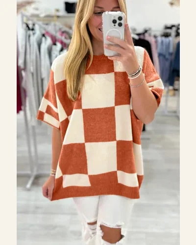 Casual Orange Checkered Pattern Pullover Sweater Tops Loose, view 2