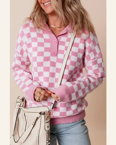 Casual Pink Checkered Buttons Collar V Neck Drop Sweater, view 4