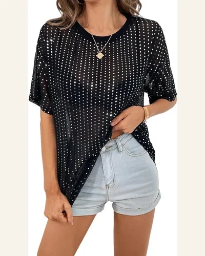 Short Sleeve T Shirt Casual Black Sequin Drop, view 1