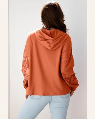 Casual Cinnamon Waffle Printed Drawstring Hooded Tunic Top, view 2
