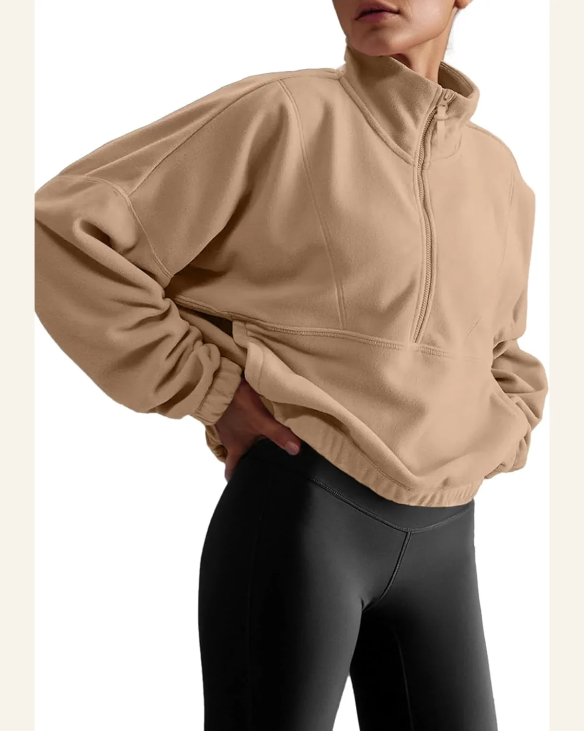 Cropped Sweatshirt Half Zip Stand Neck Lightweight Fleece by SELINK