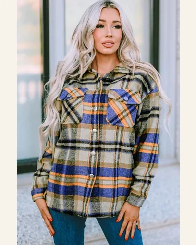 Shacket Jacket Casual Geometric Plaid Print Pocketed Shacket, view 2