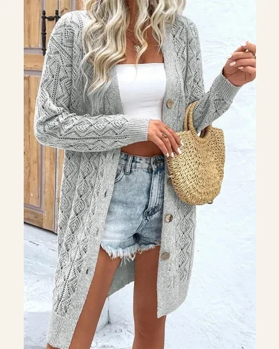 Cardigan Sweater Casual Gray Hollow Out Buttons Front, view 2