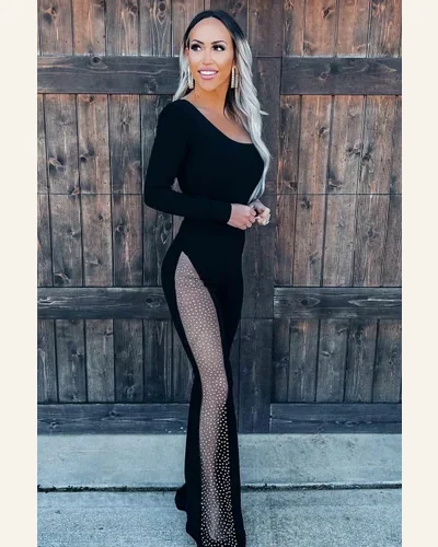 Jumpsuits Long Sleeve Black One-shoulder Gem Rhinestone Accent, view 2