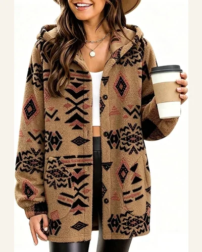 Aztec Fleece Hoodie Jacket Button Down Sherpa Coats, view 4