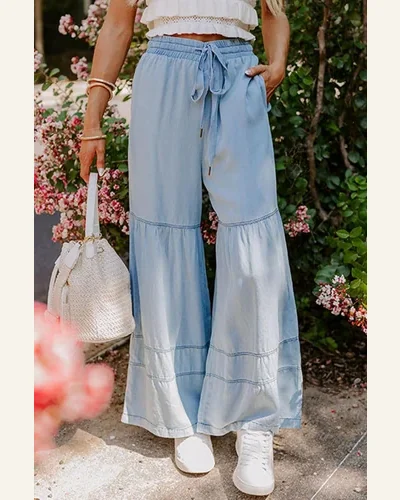 Casual Loose Beau Blue High Waisted Drawstring Jeans, view 4