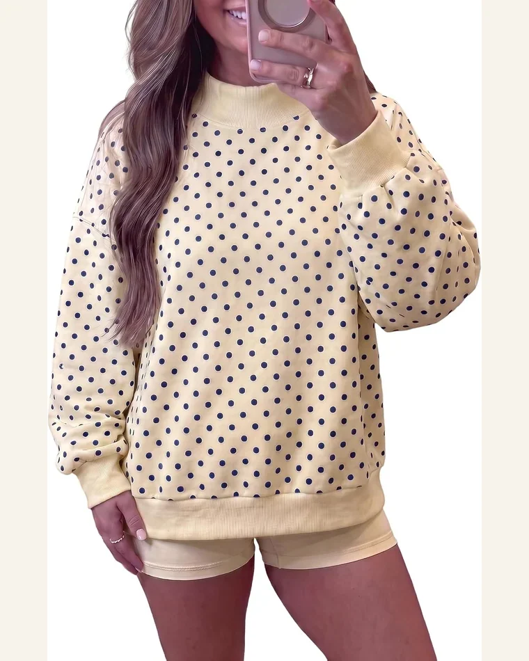Casual Polka Dot Mock Neck Pullover Sweatshirt by SELINK, view 2