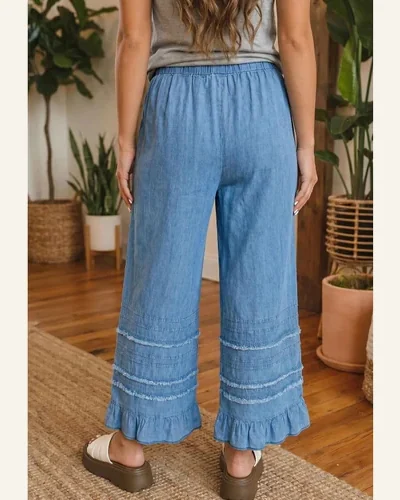 Wide Leg Jeans Tiered Ruffle Hem Cropped Elastic, view 2
