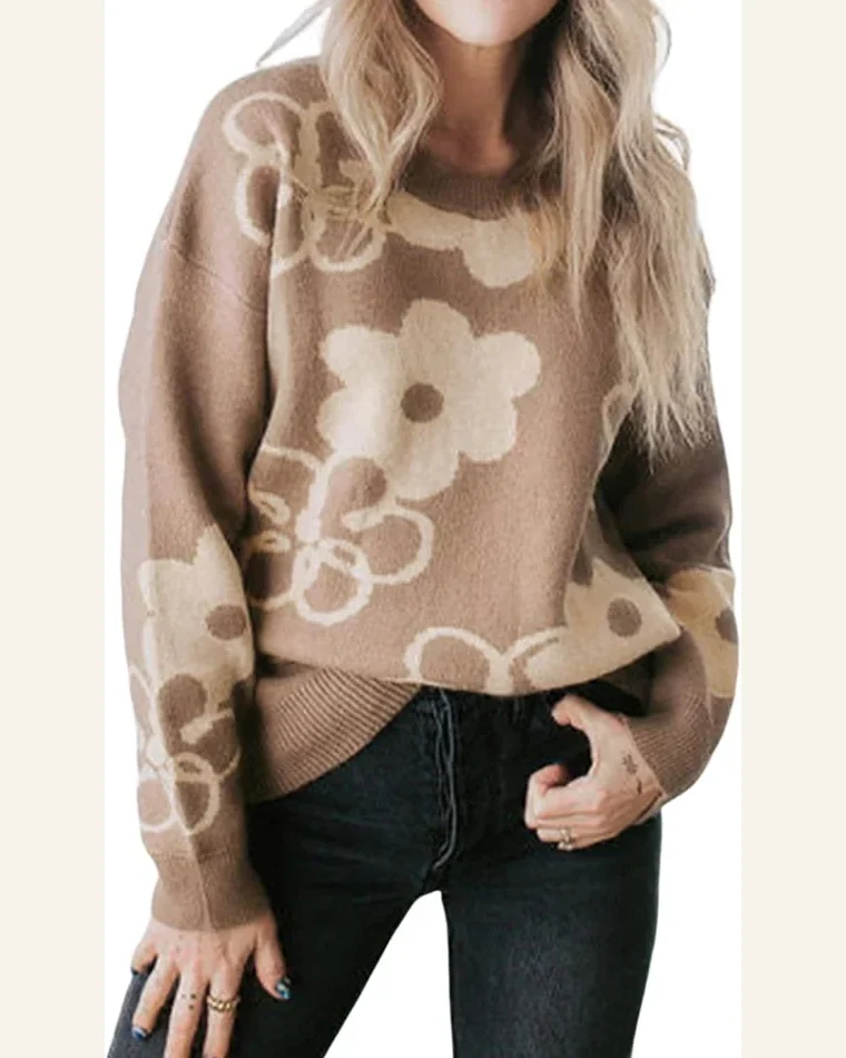 Pullover Sweater Tops Basic Camel Floral Drop Shoulder by SELINK