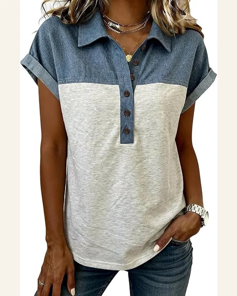 Casual Light Grey Color Block Denim Tunic Tops by SELINK
