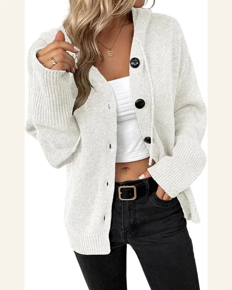 Cardigan Sweater Casual Drawstring Hooded Button Up Drop by SELINK
