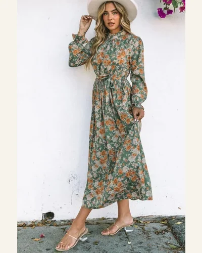 Fall Dresses Elegant Green Pleated Long Sleeve Maxi, view 3